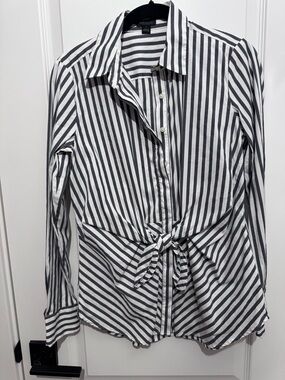 Ann Taylor Black & White Striped Tie-Front Button Down Shirt